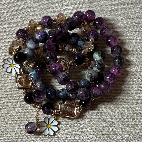 Bracelet Glass Purple and Gold Beaded Bracelet Set Of (4) - Picture 4 of 8